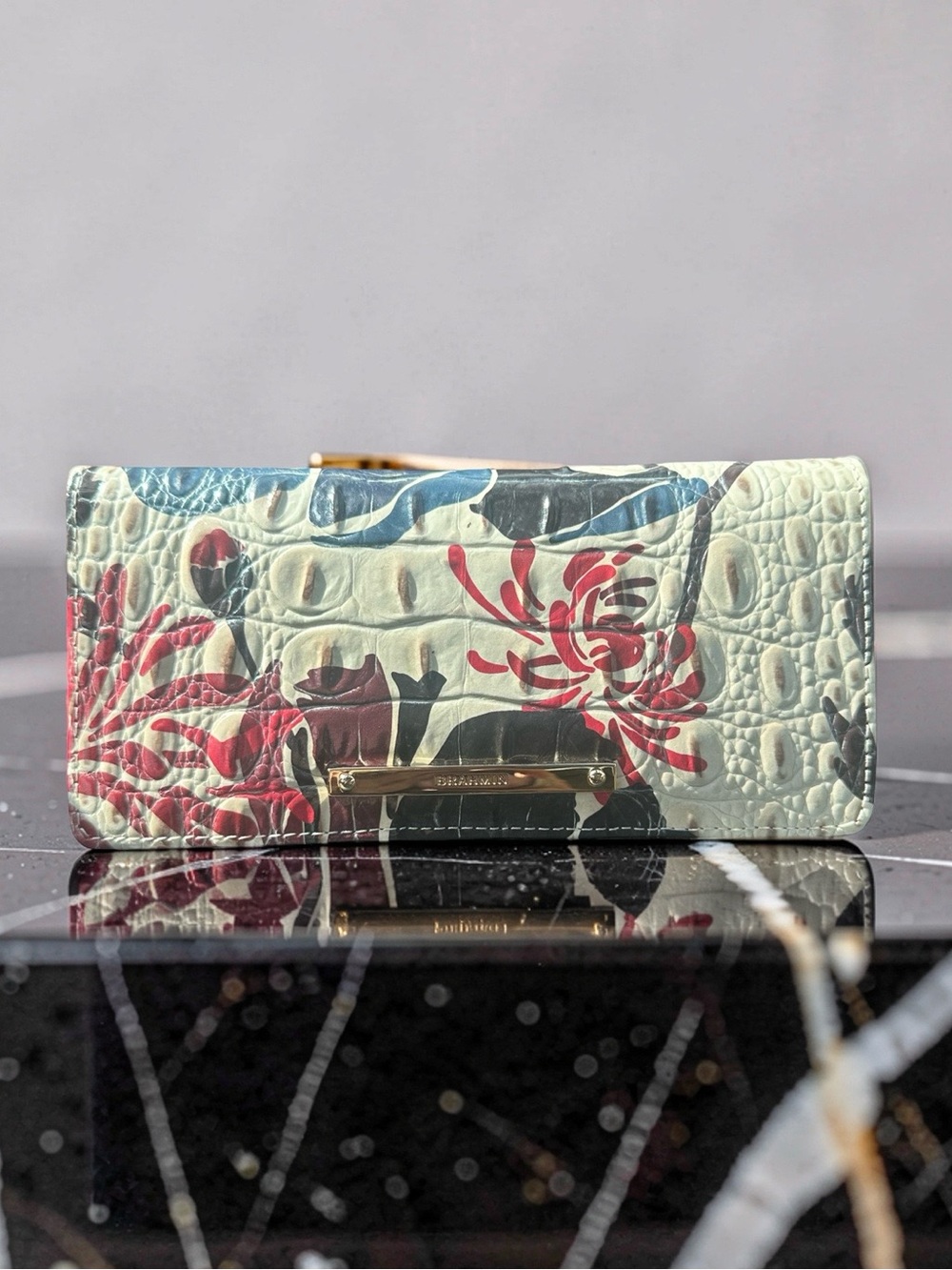 New Brahmin Ady Wallet Glossy Red Blue Floral Print Glossy Cro-Embossed Leather